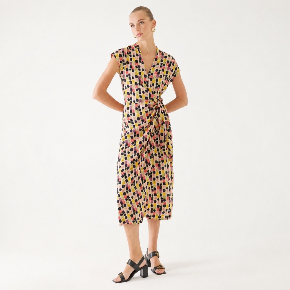 EXQUISE Multicolor Geometric Print Wrap Midi Dress V Neck Size 6